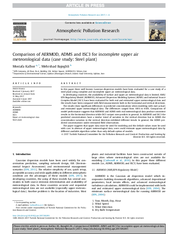 (PDF) Comparison of AERMOD, ADMS and ISC3 for incomplete upper air ...