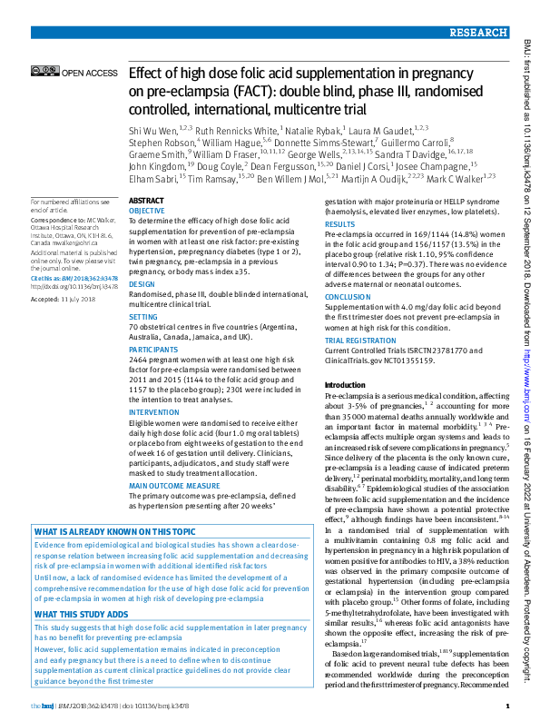 (PDF) Effect of high dose folic acid supplementation in pregnancy on ...
