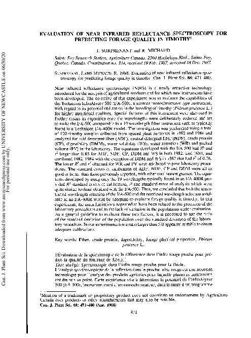 (PDF) Evaluation of Near Infrared Reflectance Spectroscopy for ...