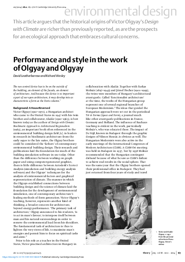 (PDF) Performance and style in the work of Olgyay and Olgyay