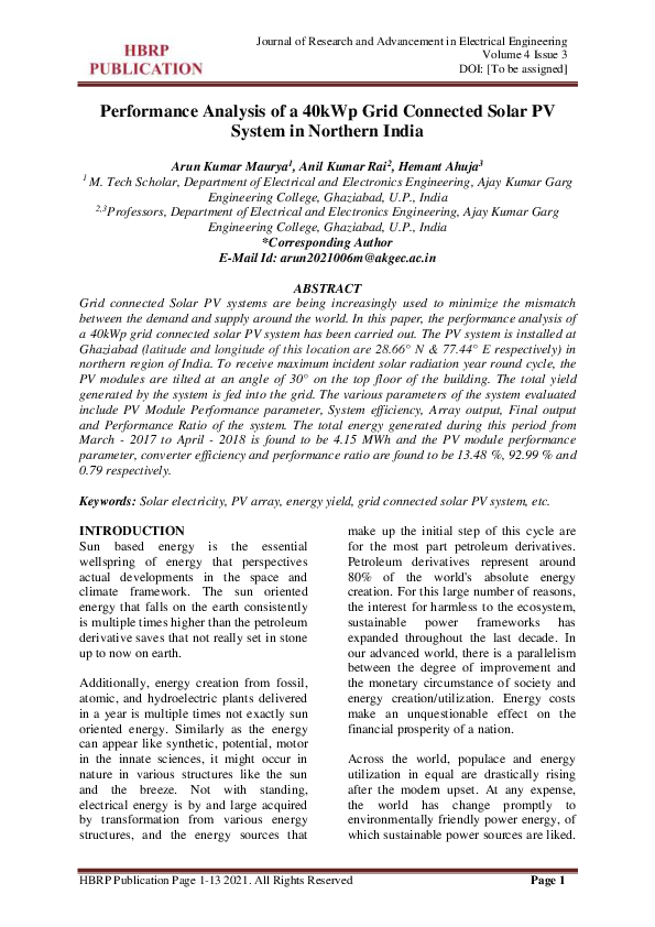 (PDF) Performance Analysis of a 40kWp Grid Connected Solar PV System in ...