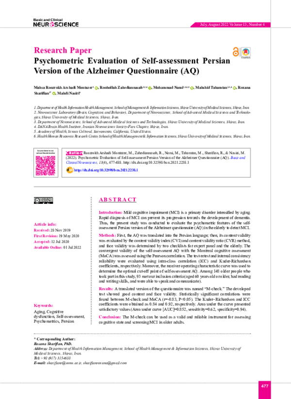 (PDF) Psychometric Evaluation of Self-assessment Persian Version of the ...