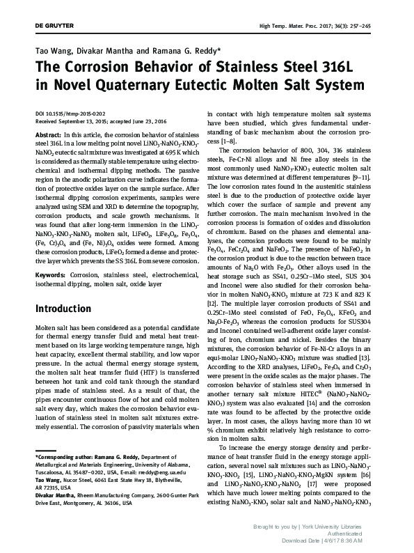 (PDF) The Corrosion Behavior of Stainless Steel 316L in Novel ...