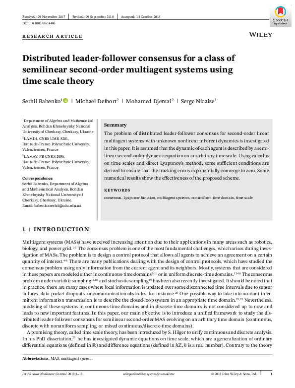 (PDF) Distributed leader‐follower consensus for a class of semilinear ...