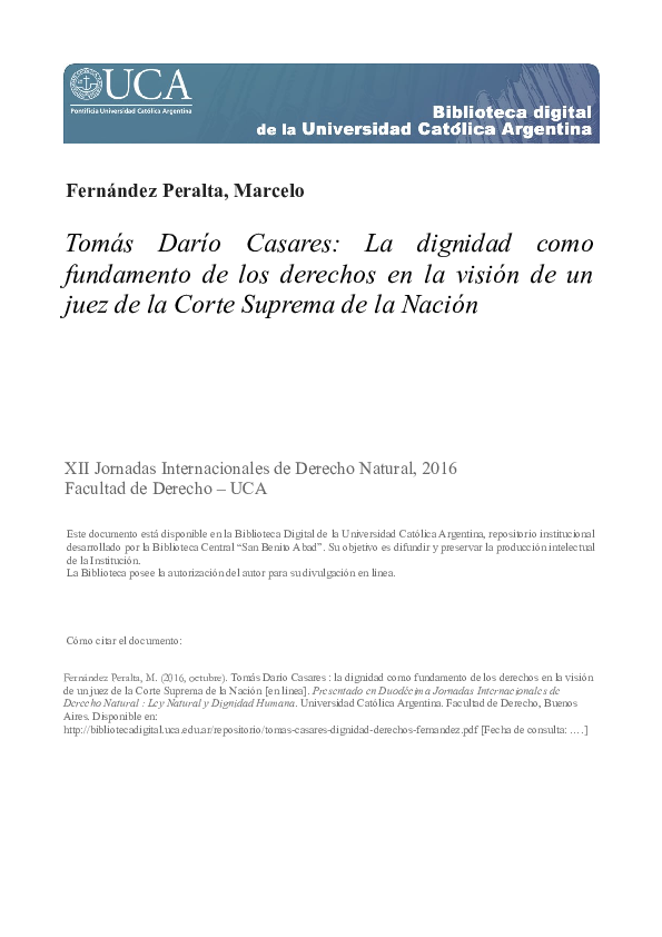 Tomás Darío Casares : la dignidad como fundamento de los derechos en la visión de un juez de la Corte Suprema de la Nación