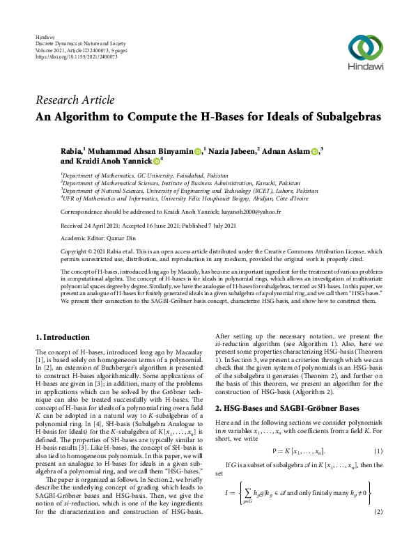 (PDF) An Algorithm to Compute the H-Bases for Ideals of Subalgebras