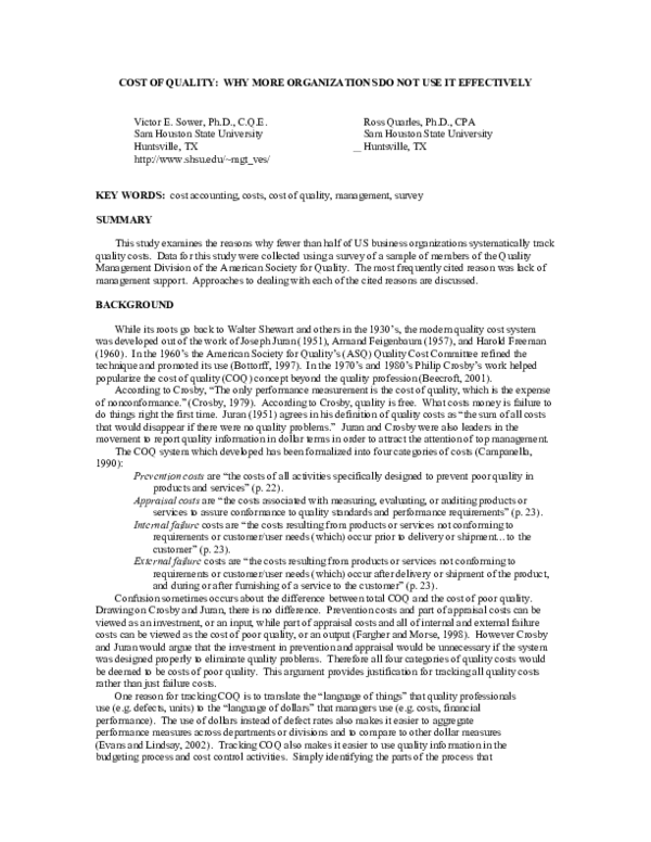 (PDF) Cost of Quality Why More Organizations Do Not Use It Effectively