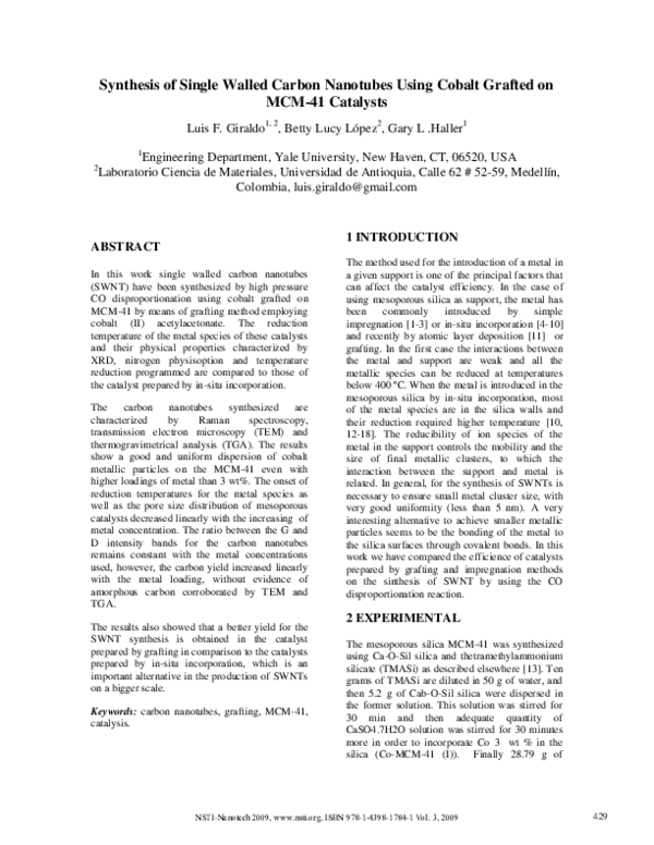 (PDF) Synthesis of Single Walled Carbon Nanotubes Using Cobalt Grafted ...