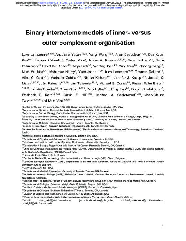 Binary interactome models of inner- versus outer-complexome organisation