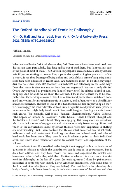 (PDF) The Oxford Handbook of Feminist Philosophy. Kim Q. Hall and Ásta ...
