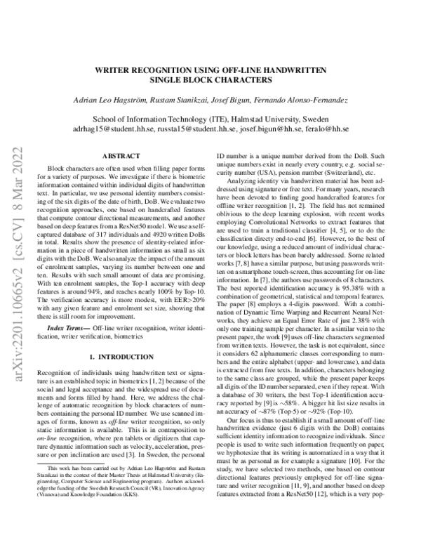 (PDF) Writer Recognition Using Off-line Handwritten Single Block Characters