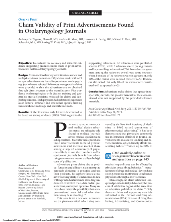 (PDF) Claim Validity of Print Advertisements Found in Otolaryngology ...