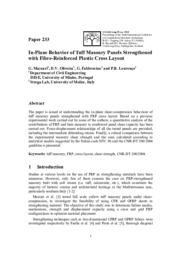 (PDF) In-Plane Behavior of Tuff Masonry Panels Strengthened with Fibre ...