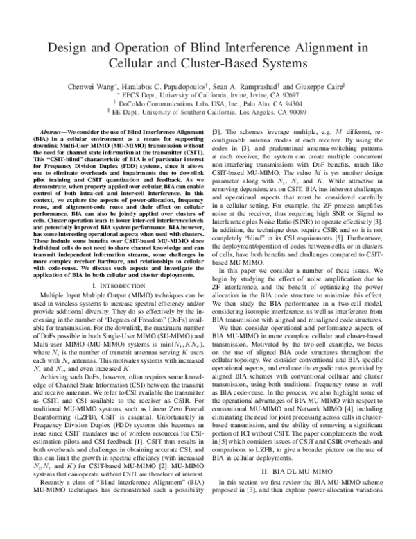 (PDF) Design and operation of Blind Interference Alignment in cellular ...