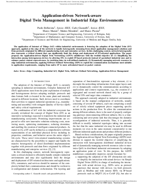 (PDF) Application-Driven Network-Aware Digital Twin Management in ...