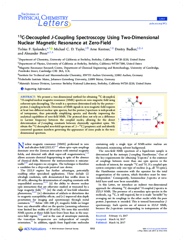 (PDF) 13C-Decoupled J-Coupling Spectroscopy Using Two-Dimensional ...