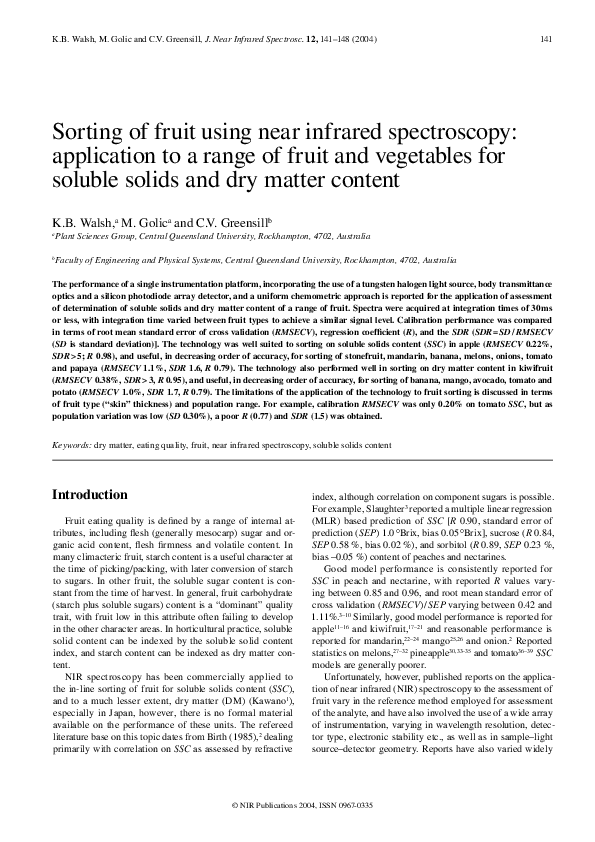 (PDF) Sorting of Fruit Using near Infrared Spectroscopy: Application to ...