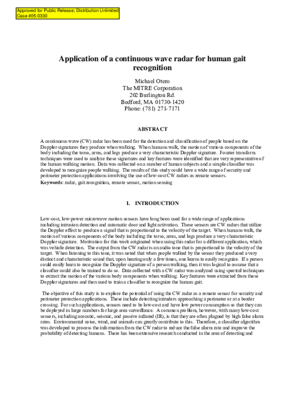 (PDF) Application of a continuous wave radar for human gait recognition