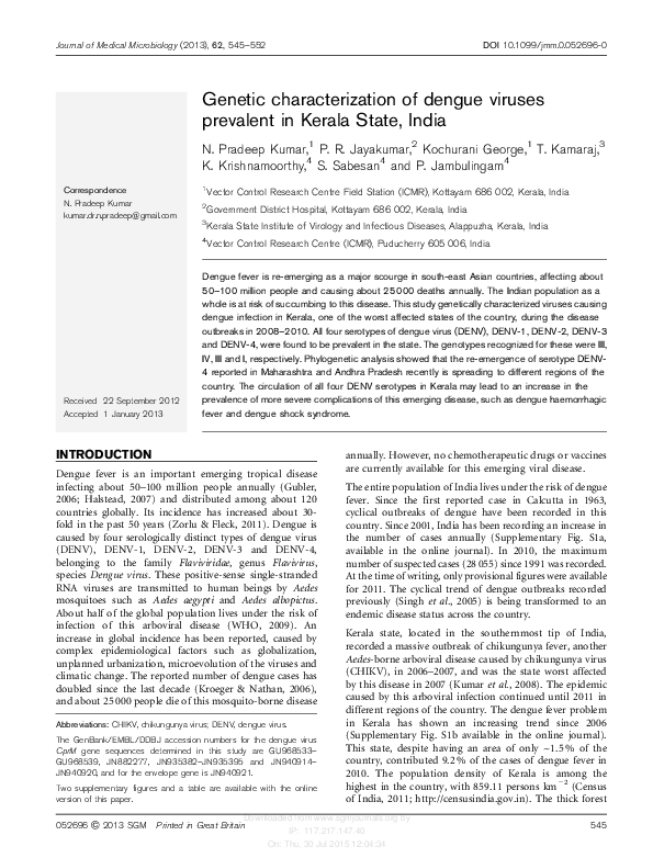 (PDF) Genetic characterization of dengue viruses prevalent in Kerala ...