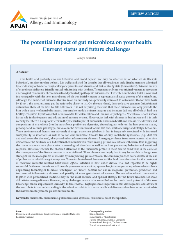 (PDF) The potential impact of gut on your health: Current status and ...