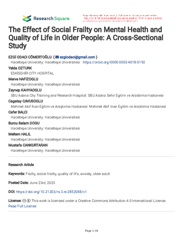 (PDF) The Effect of Social Frailty on Mental Health and Quality of Life ...