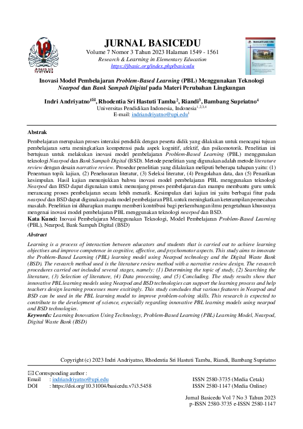 Pdf Inovasi Model Pembelajaran Problem Based Learning Pbl