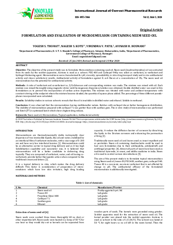 (PDF) Formulation and Evaluation of Microemulsion Containing Neem Seed Oil