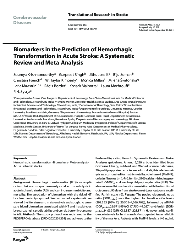 (PDF) Biomarkers in the Prediction of Hemorrhagic Transformation in ...