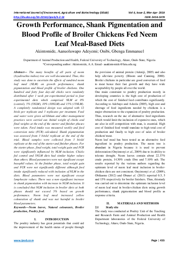 (PDF) Growth Performance, Shank Pigmentation and Blood Profile of Broiler Chickens Fed Neem Leaf