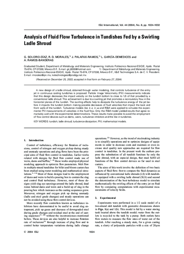 (PDF) Analysis of Fluid Flow Turbulence in Tundishes Fed by a Swirling ...
