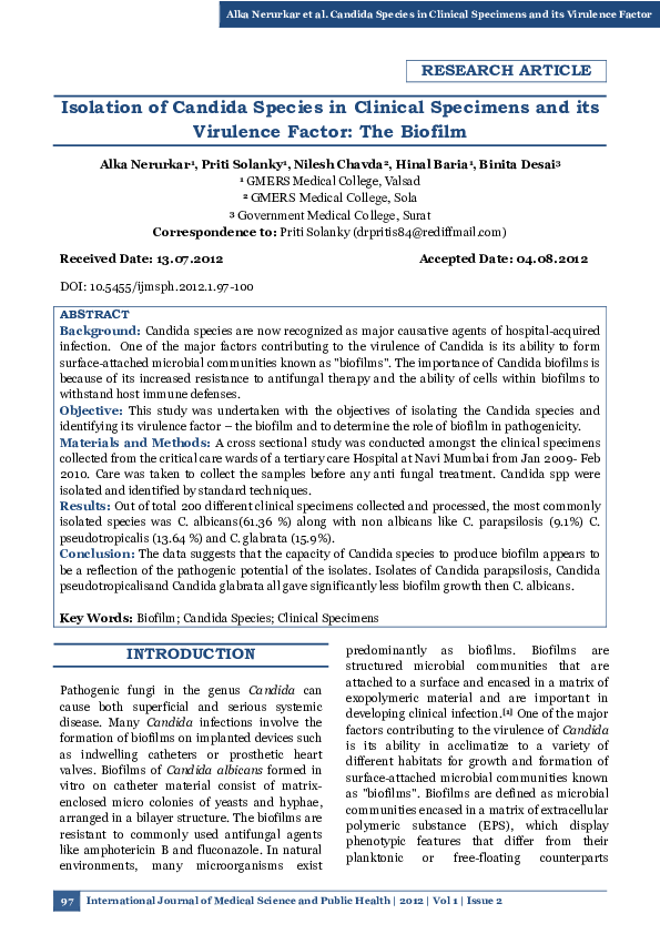 (PDF) Isolation of Candida Species in clinical specimens and its ...