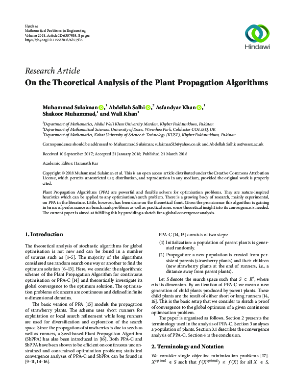 (PDF) On the Theoretical Analysis of the Plant Propagation Algorithms