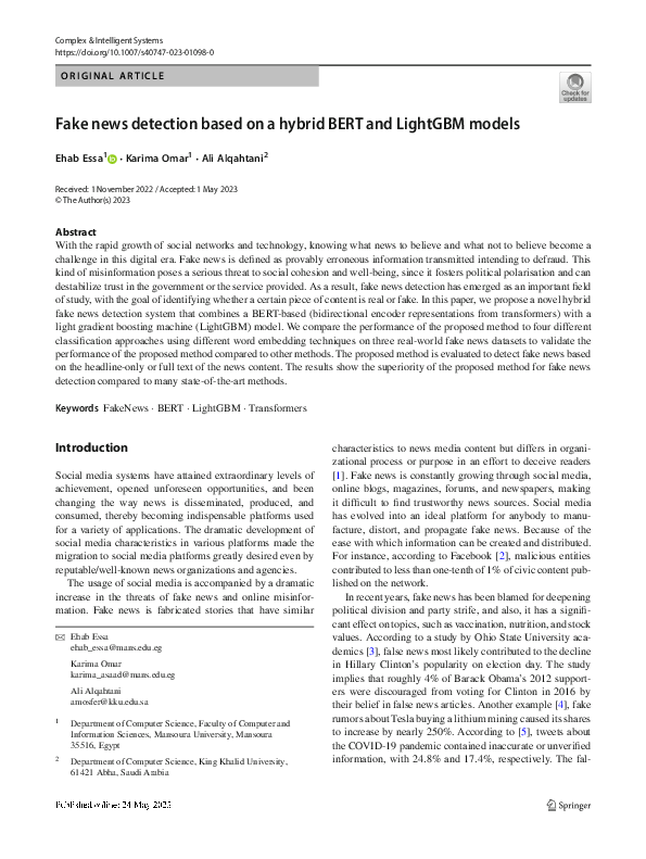 (PDF) Fake news detection based on a hybrid BERT and LightGBM models
