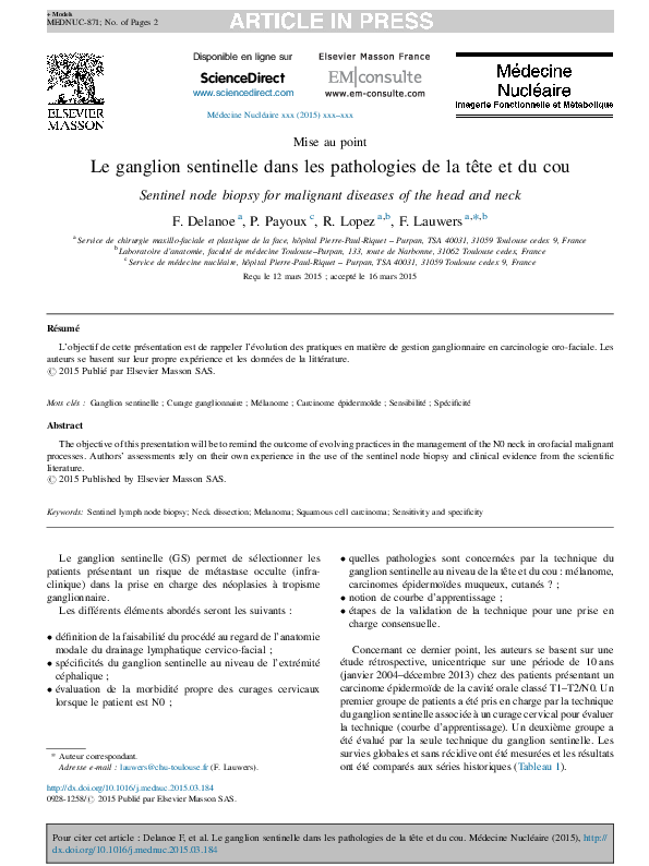 (PDF) Le ganglion sentinelle dans les pathologies de la tête et du cou