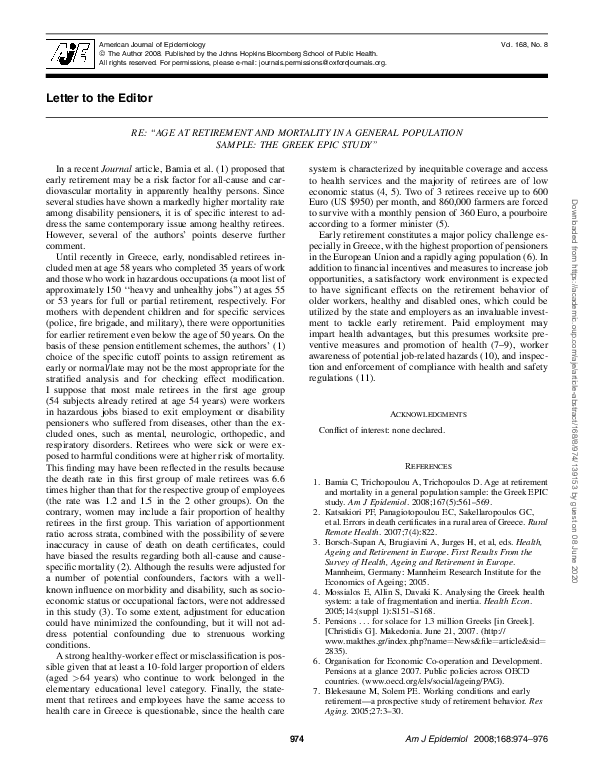 (PDF) Re: "Age at Retirement and Mortality in a General Population ...