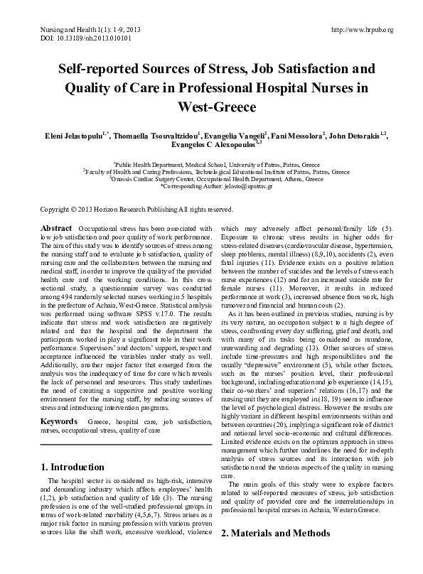 Self-reported Sources of Stress, Job Satisfaction and Quality of Care in Professional Hospital Nurses in West-Greece