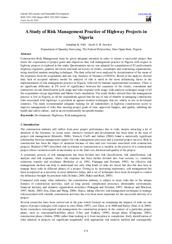 (PDF) A Study of Risk Management Practice of Highway Projects in Nigeria
