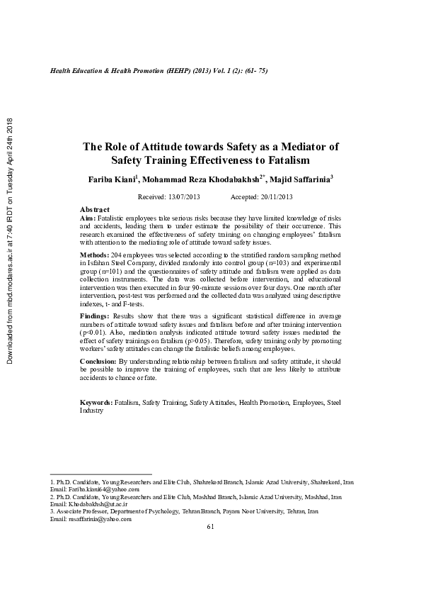 (PDF) The Role of Attitude towards Safety as a Mediator of Safety ...