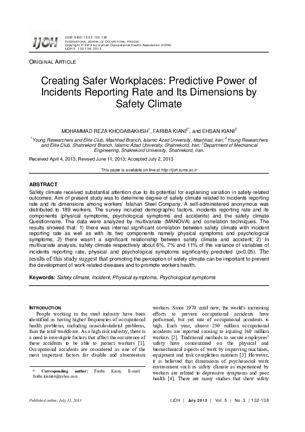 (PDF) Creating Safer Workplaces: Predictive Power of Incidents ...