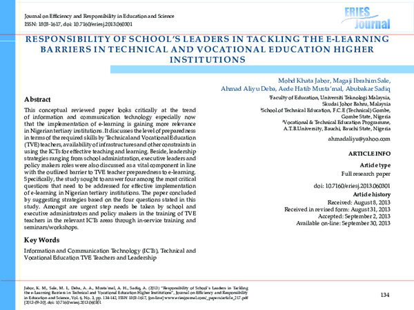 Responsibility of Schools’ Leaders in Tackling the E-Learning Barriers in Technical and Vocational Education Higher Institutions