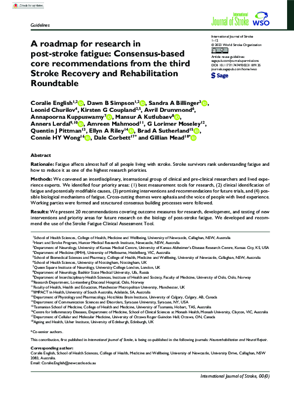 Visual Reference: Pdf A Roadmap For Research In Post Stroke Fatigue Consensus