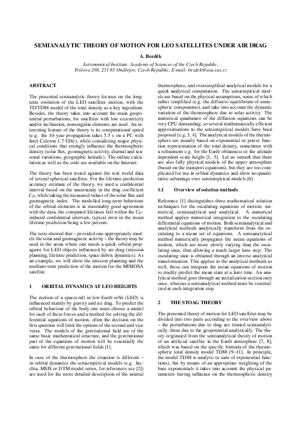 (PDF) Semianalytic Theory of Motion for LEO Satellites Under Air Drag