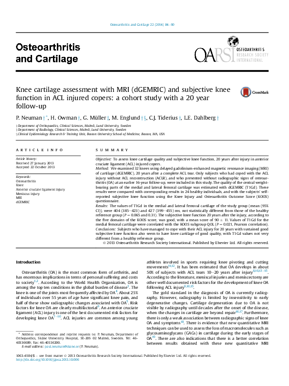 (PDF) Knee cartilage assessment with MRI (dGEMRIC) and subjective knee ...