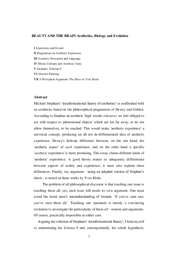 (PDF) BEAUTY AND THE BRAIN - AESTHETICS, BIOLOGY AND EVOLUTION