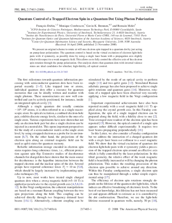 (PDF) Quantum Control of a Trapped Electron Spin in a Quantum Dot Using ...