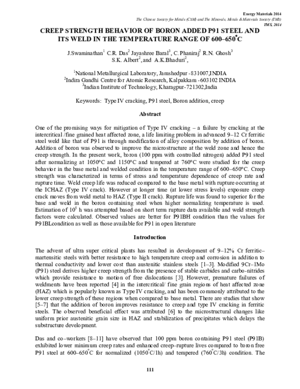 (PDF) Creep Strength Behavior of Boron Added P91 Steel and Its Weld in ...