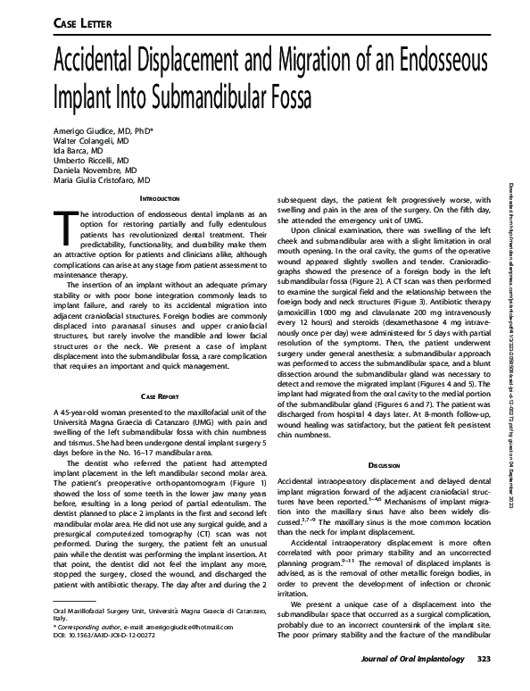 (PDF) Accidental Displacement and Migration of an Endosseous Implant ...