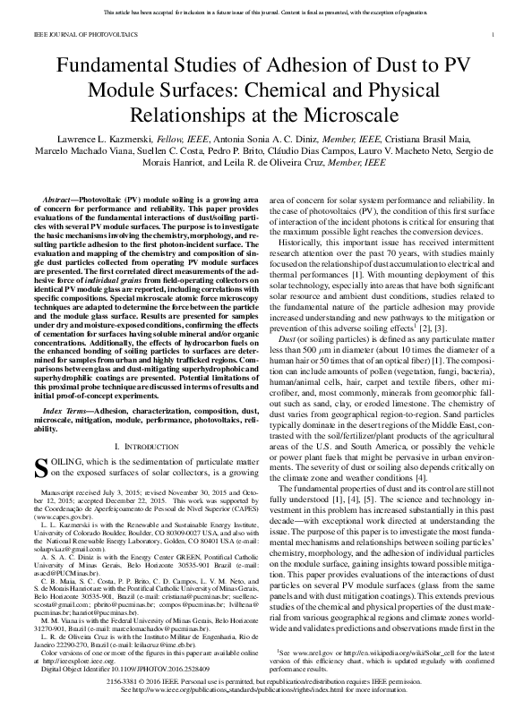 (PDF) Fundamental studies of the adhesion of dust to PV module chemical ...