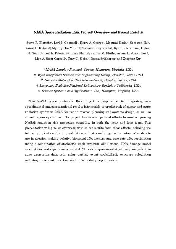 (PDF) NASA Space Radiation Risk Project: Overview and Recent Results