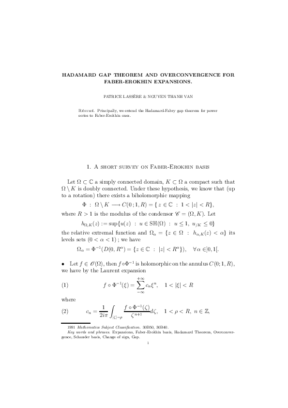 (PDF) Hadamard Gap theorem and overconvergence for Faber-Erokhin ...